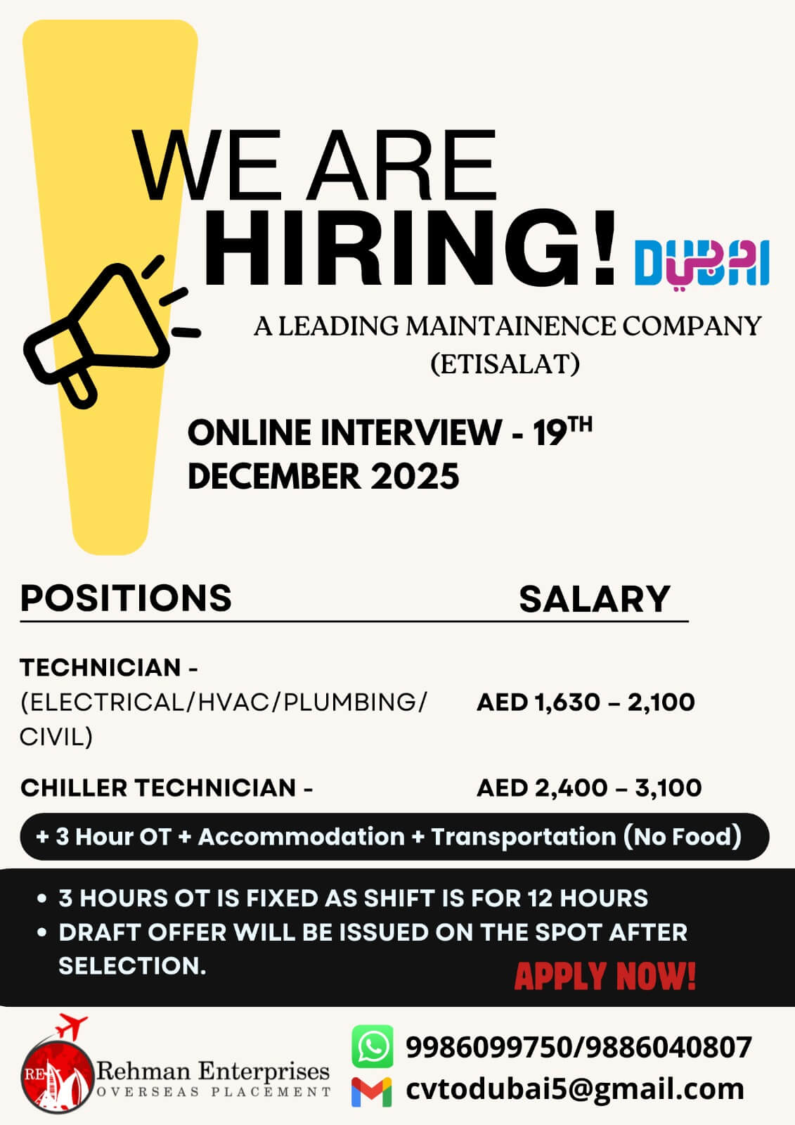 REQUIREMENT FOR A LEADING MAINTAINENCE COMPANY(ESTISALAT) IN DUBAI - ONLINE INTERVIEW-19/12/2025 REQUIREMENT FOR A LEADING MAINTAINENCE COMPANY(ESTISALAT) IN DUBAI - ONLINE INTERVIEW-19/12/2025