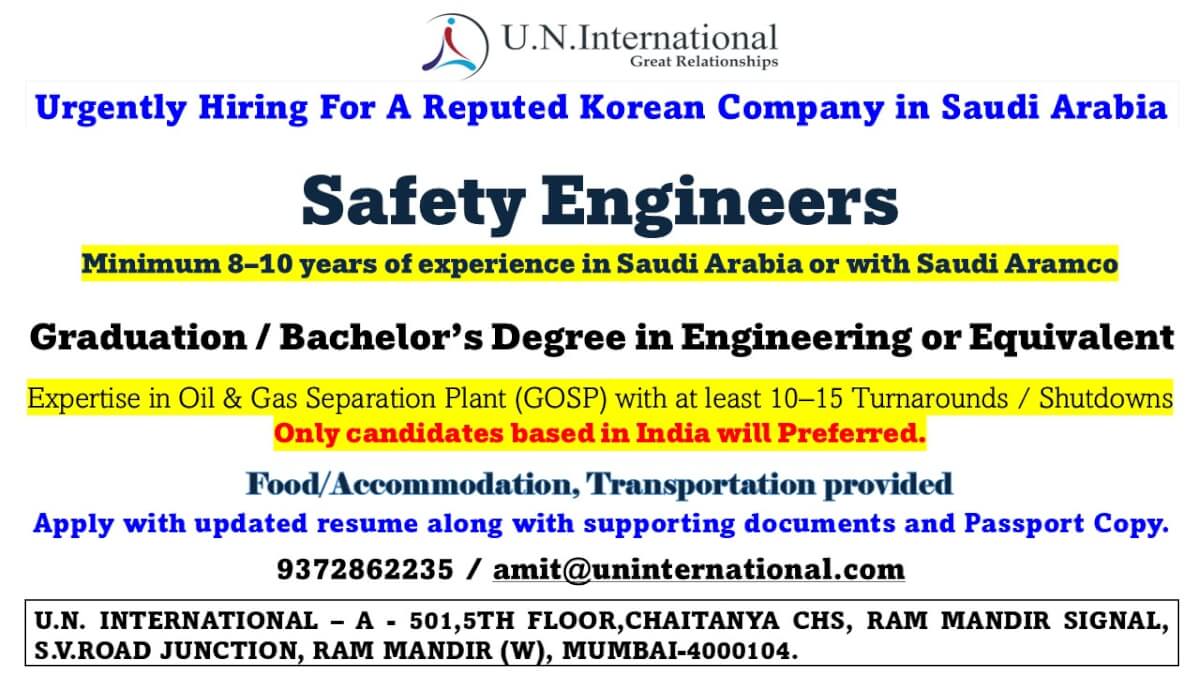 Immediately Hiring Now Safety Engineers for Saudi Arabia Location