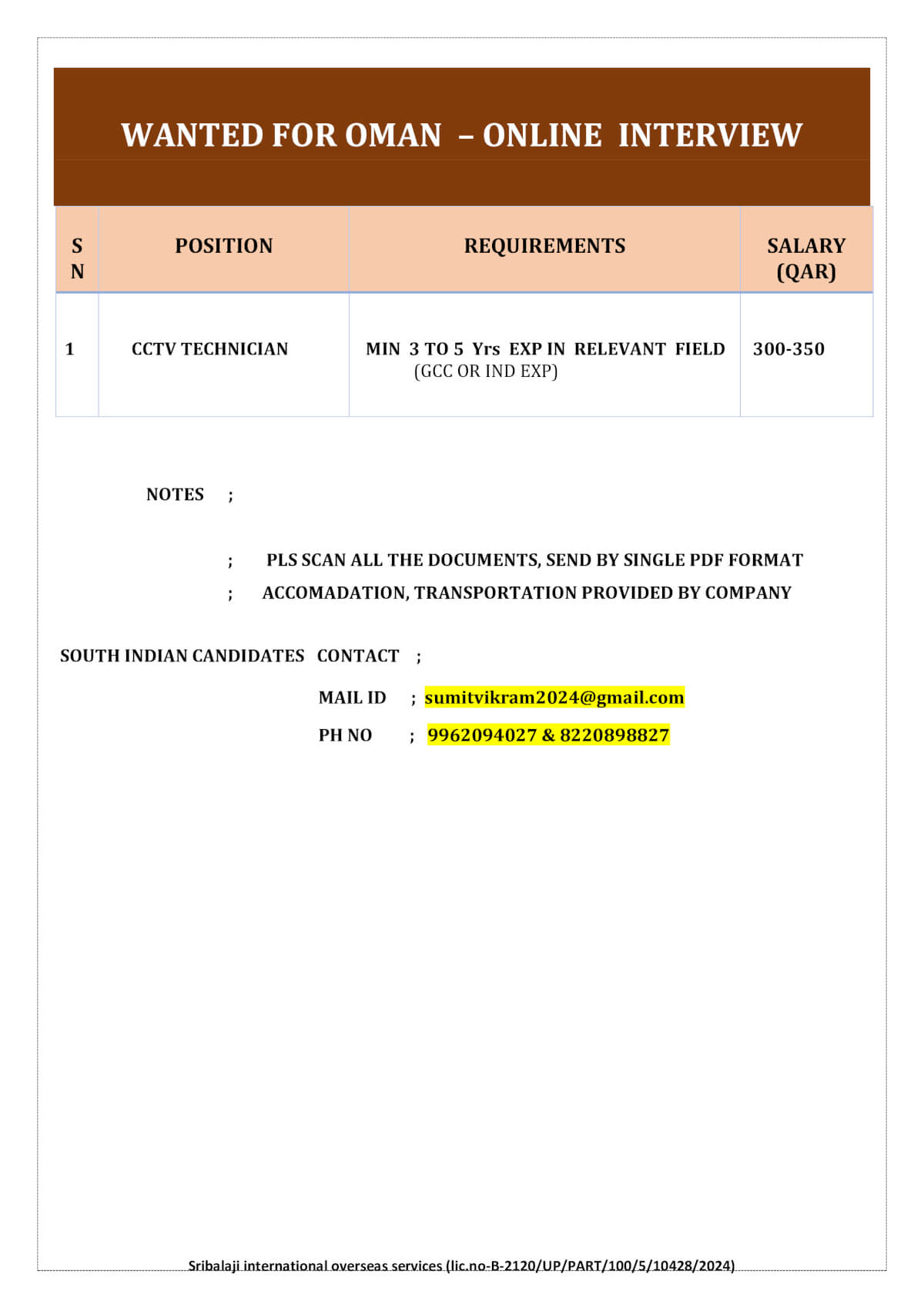 WANTED FOR OMAN-ONLINE INTERVIEW