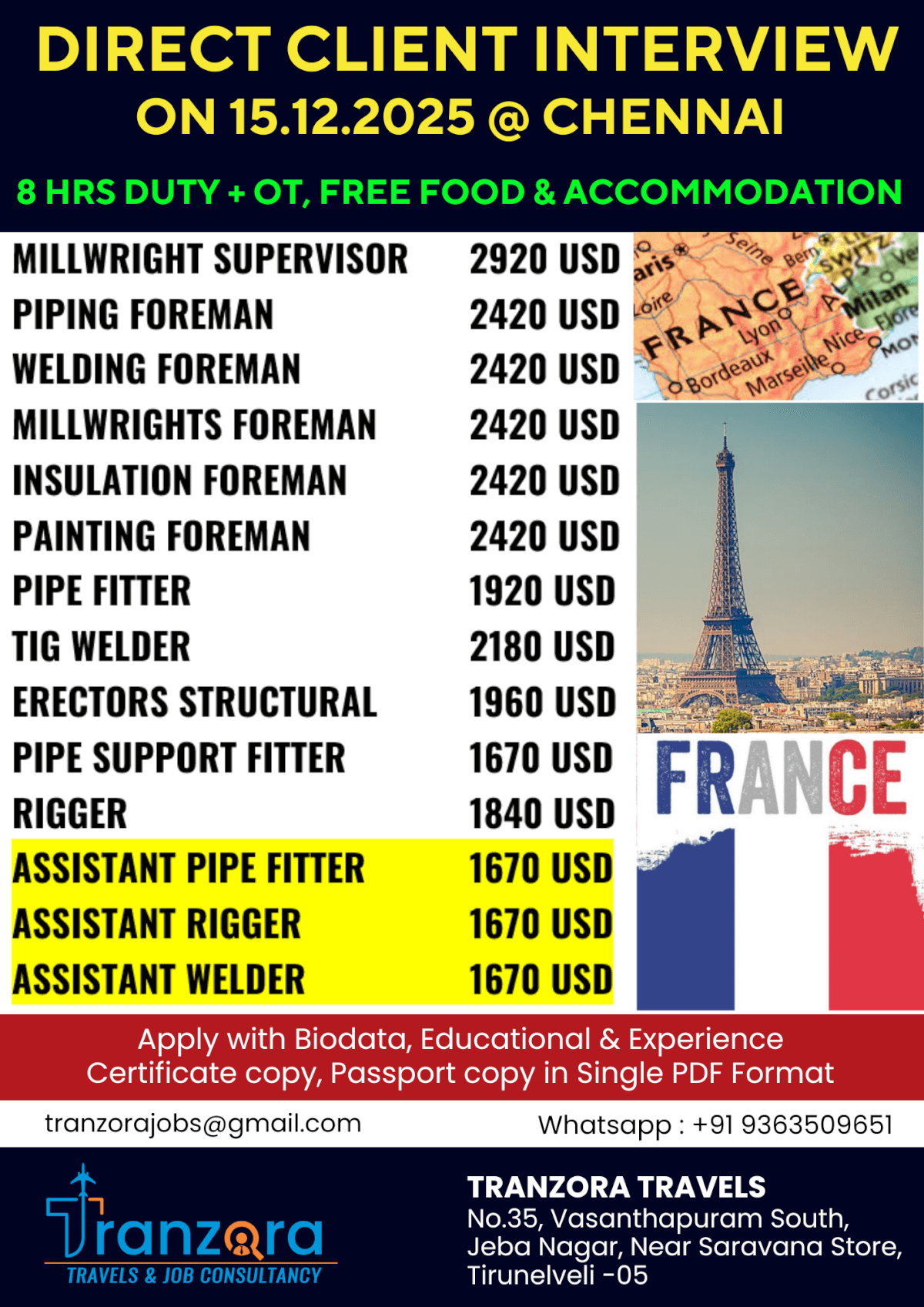 URGENT REQUIREMENT FOR FRANCE