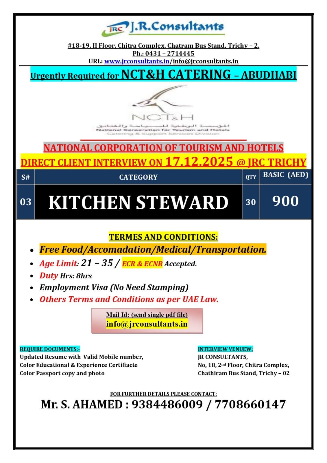 URGENTLY REQUIRED FOR A LEADING NCT & H CATERING COMPANY IN ABU DHABI DIRECT CLIENT INTERVIEW ON 17.12.2025 @ JRC TRICHY