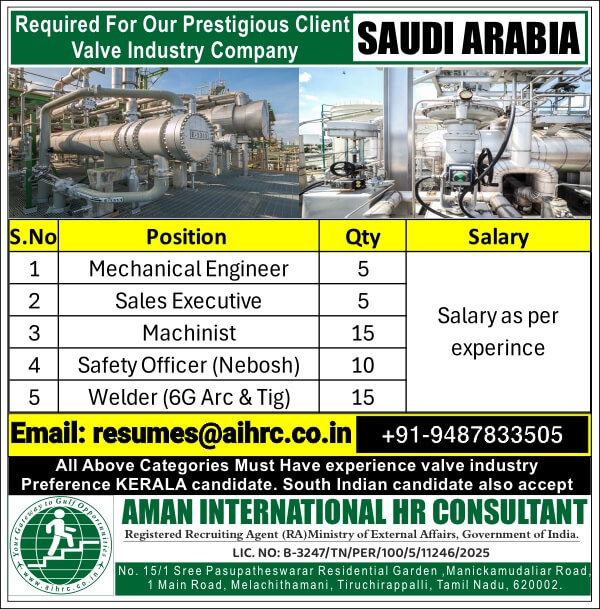HIRING FOR VALVE INSDUTRY - SAUDI