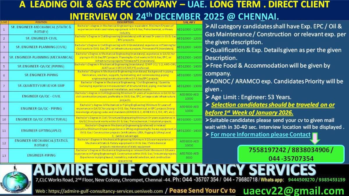 A  LEADING OIL & GAS COMPANY -UAE . LONG TERM . DIRECT CLIENT INTERVIEW ON 24TH DECEMBER 2025 @ CHENNAI