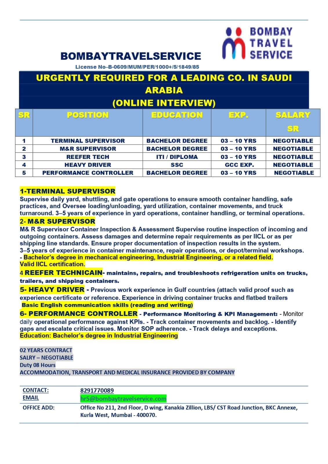 URGENTLY HIIRNG LOGISTIC CO. SAUDI ARABIA URGENTLY HIIRNG LOGISTIC CO. SAUDI ARABIA