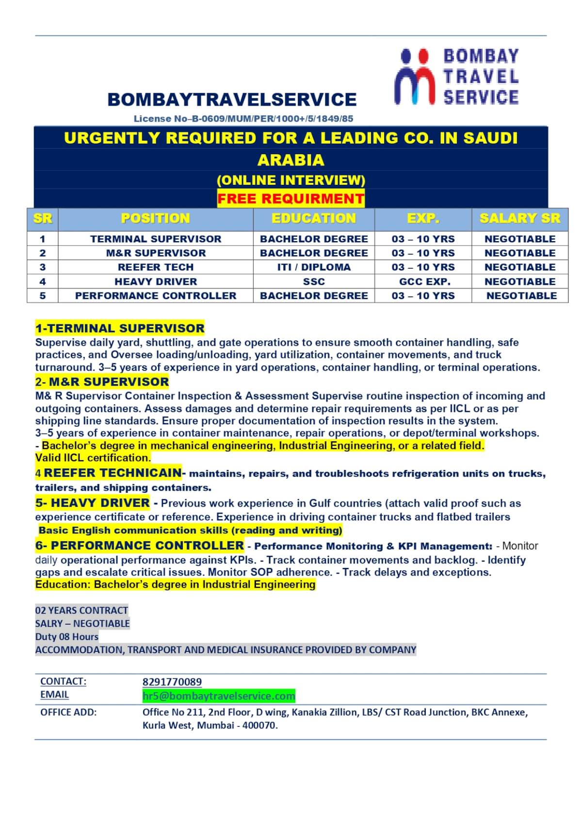 URGENTLY HIRING FOR LEADING CO SAUDI ARABIA