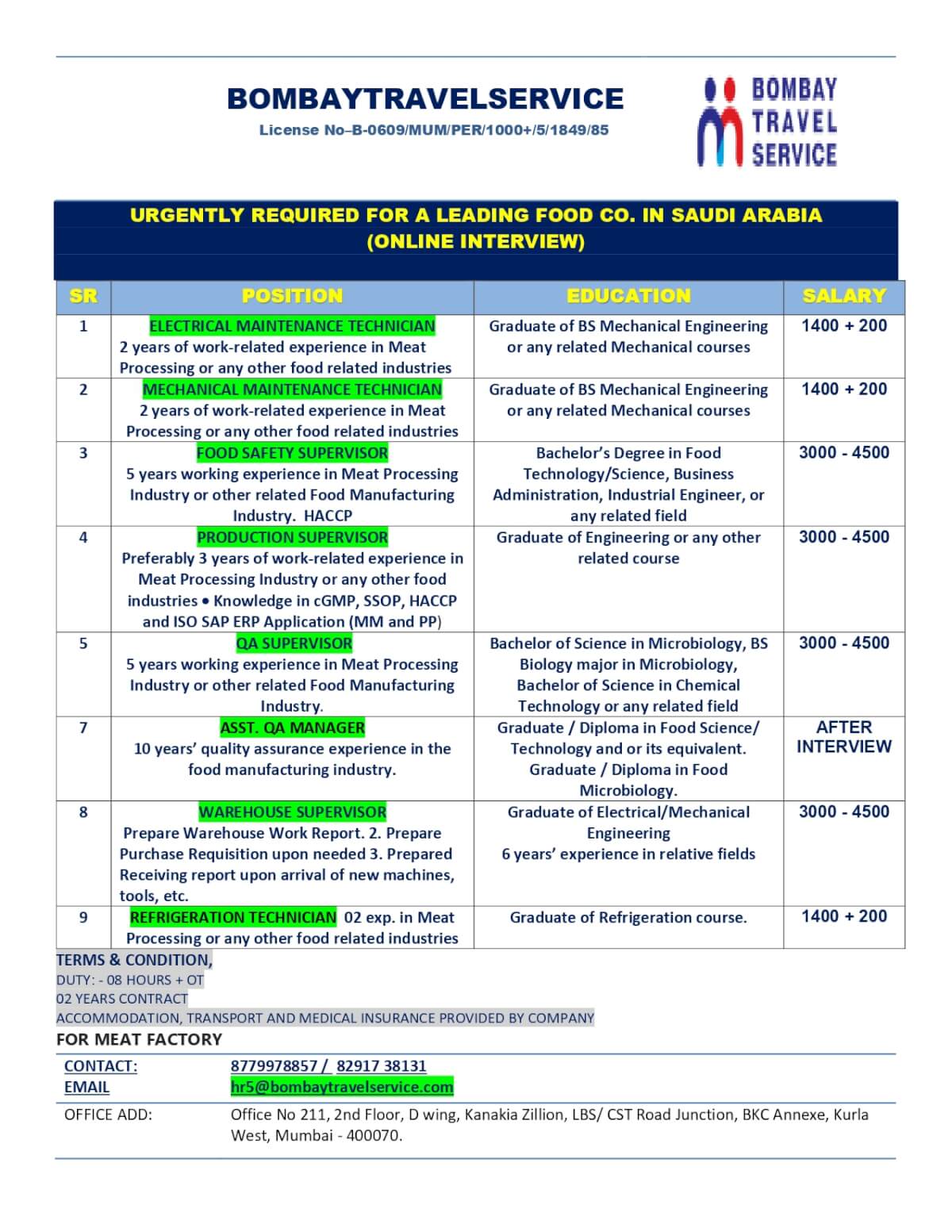 URGENTLY HIRING LEADING FOOD CO. SAUDI ARABIA URGENTLY HIRING LEADING FOOD CO. SAUDI ARABIA