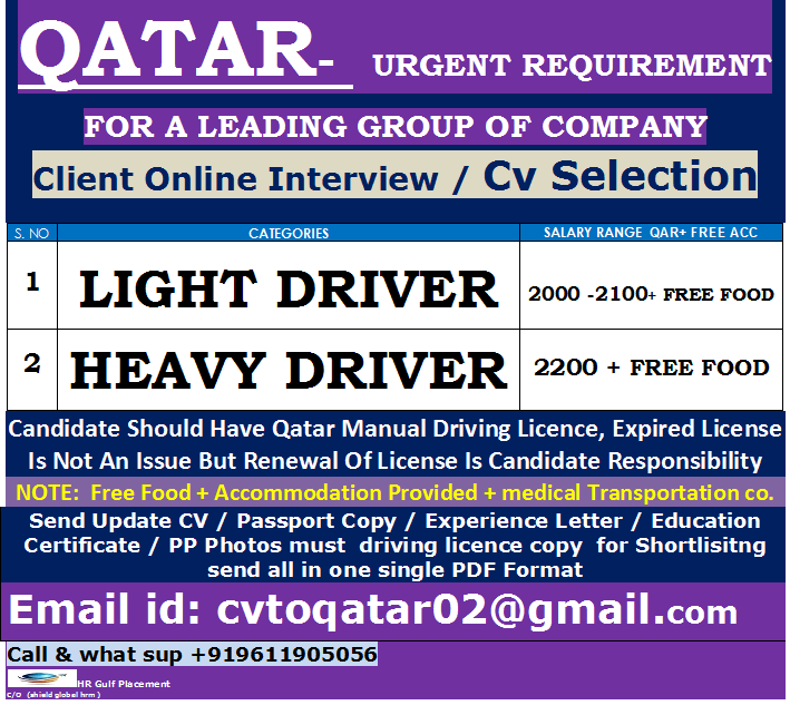 QATAR- URGENT REQUIREMENT FOR A LEADING GROUP OF COMPANY ( LIGHT DRIVER / HEAVY DRIVERS ) Client Online Interview / Cv Selection QATAR- URGENT REQUIREMENT FOR A LEADING GROUP OF COMPANY ( LIGHT DRIVER / HEAVY DRIVERS ) Client Online Interview / Cv Selection