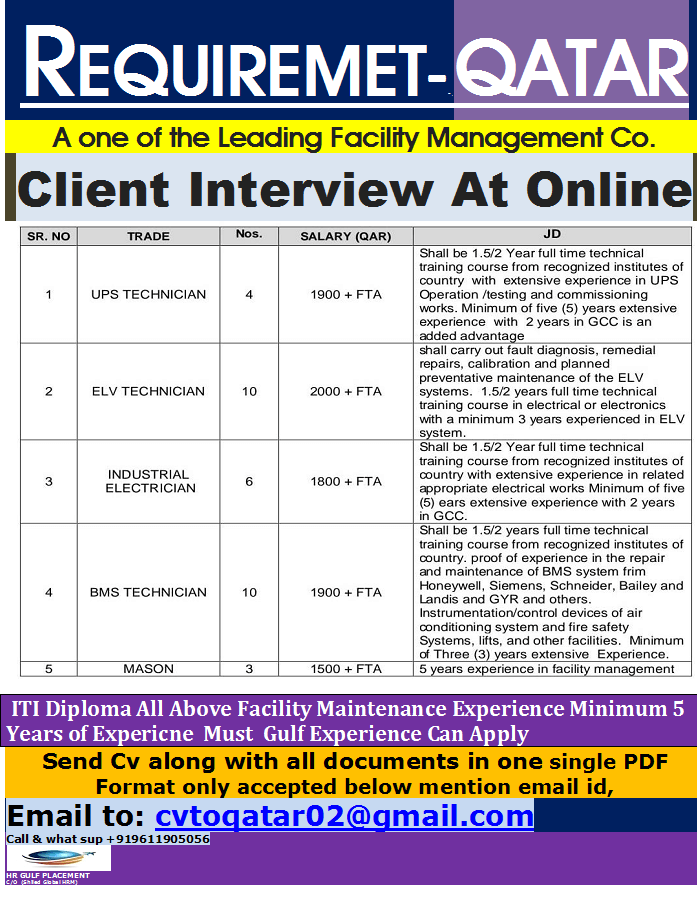 REQUIREMET-- - QATAR A one of the Leading Facility Management Co. Client Interview At Online REQUIREMET-- - QATAR A one of the Leading Facility Management Co. Client Interview At Online