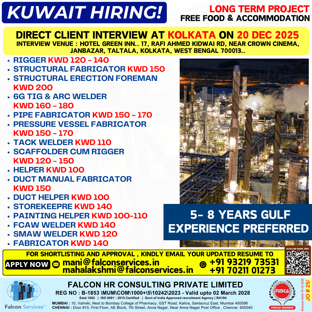 ?? KUWAIT – LONG-TERM HIRING! ?? Free Food & ? Accommodation ? Direct Interview: Kolkata – 20 Dec 2025 ?? KUWAIT – LONG-TERM HIRING! ?? Free Food & ? Accommodation ? Direct Interview: Kolkata – 20 Dec 2025