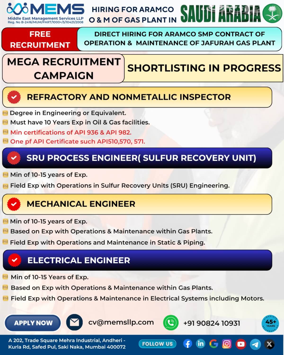 Hiring for Mega ARAMCO SMP Contract for world’s largest Oil & Gas company.
