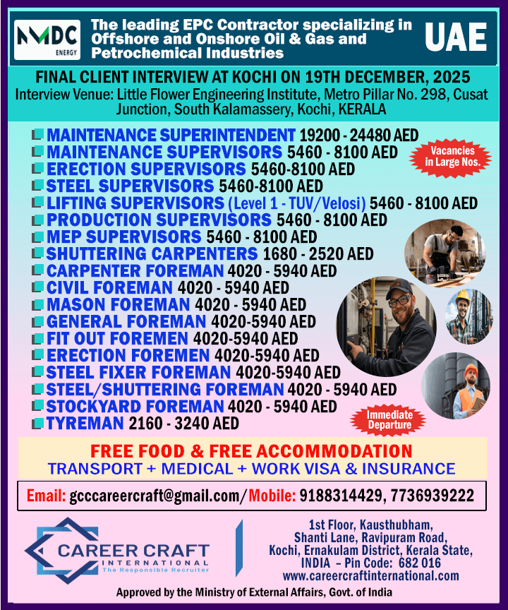 NMDC, ABU DHABI CONDUCTA A DIRECT CLIENT INTERVIEW AT KOCHI ON 19TH DECEMBER, 2025 FOR THEIR INFRA DEPARTMENT -