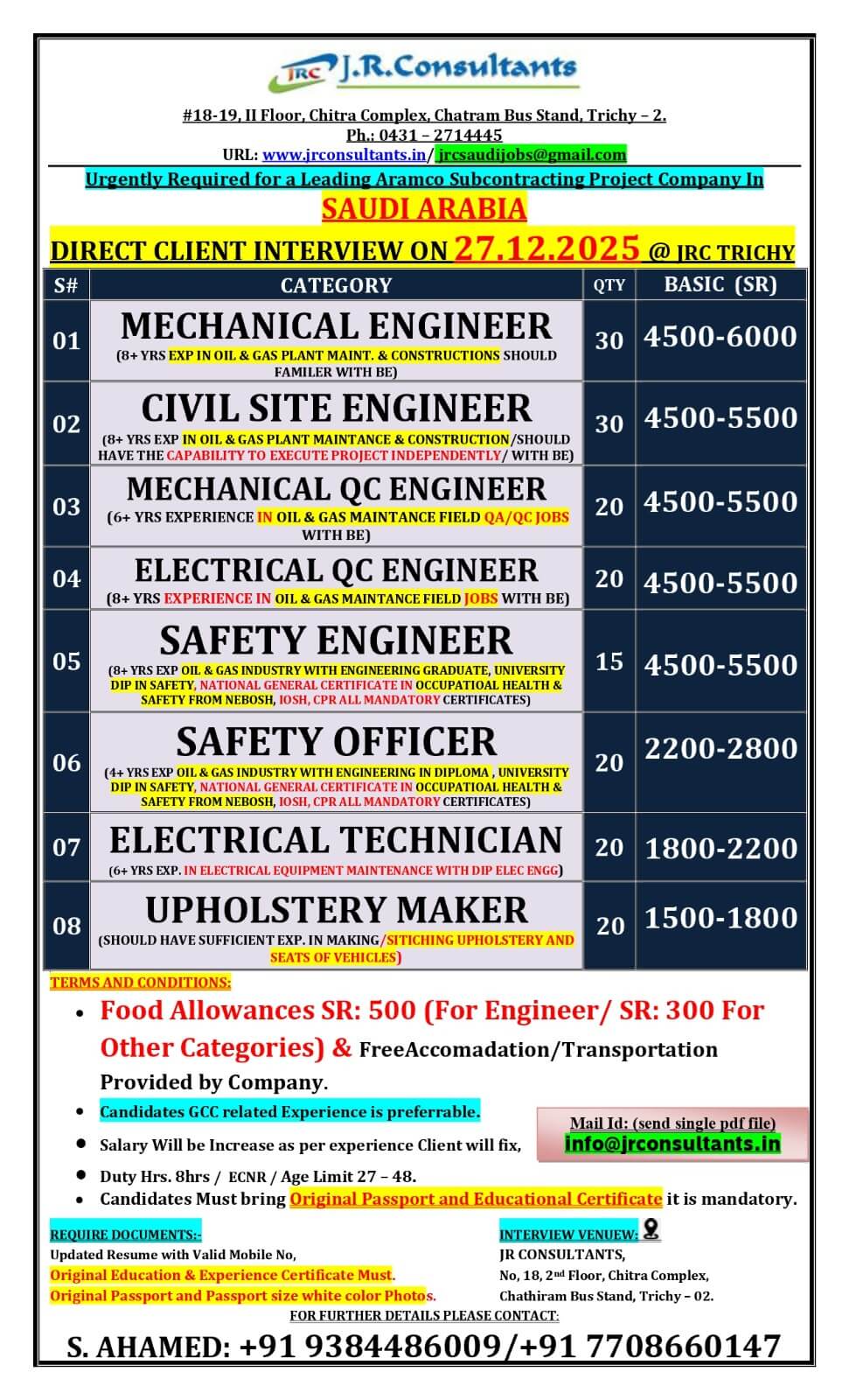 URGENTLY REQUIRED FOR A LEADING  ARAMCO SUBCONTRACTING PROJECT COMPANY IN SAUDI ARABIA DIRECT CLIENT INTERVIEW ON 27.12.2025 @ JRC TRICHY