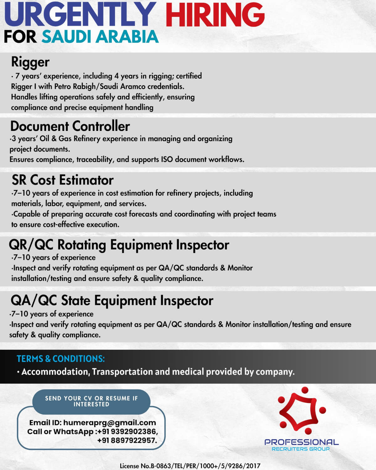 URGENTLY HIRING FOR SAUDI ARABIA