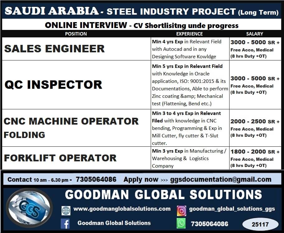 SAUDI ARABIA - STEEL INDUSTRY PROJECT ( LONG TERM ) ONLINE INTERVIEW -CV Shortlisting under progress SAUDI ARABIA - STEEL INDUSTRY PROJECT ( LONG TERM ) ONLINE INTERVIEW -CV Shortlisting under progress