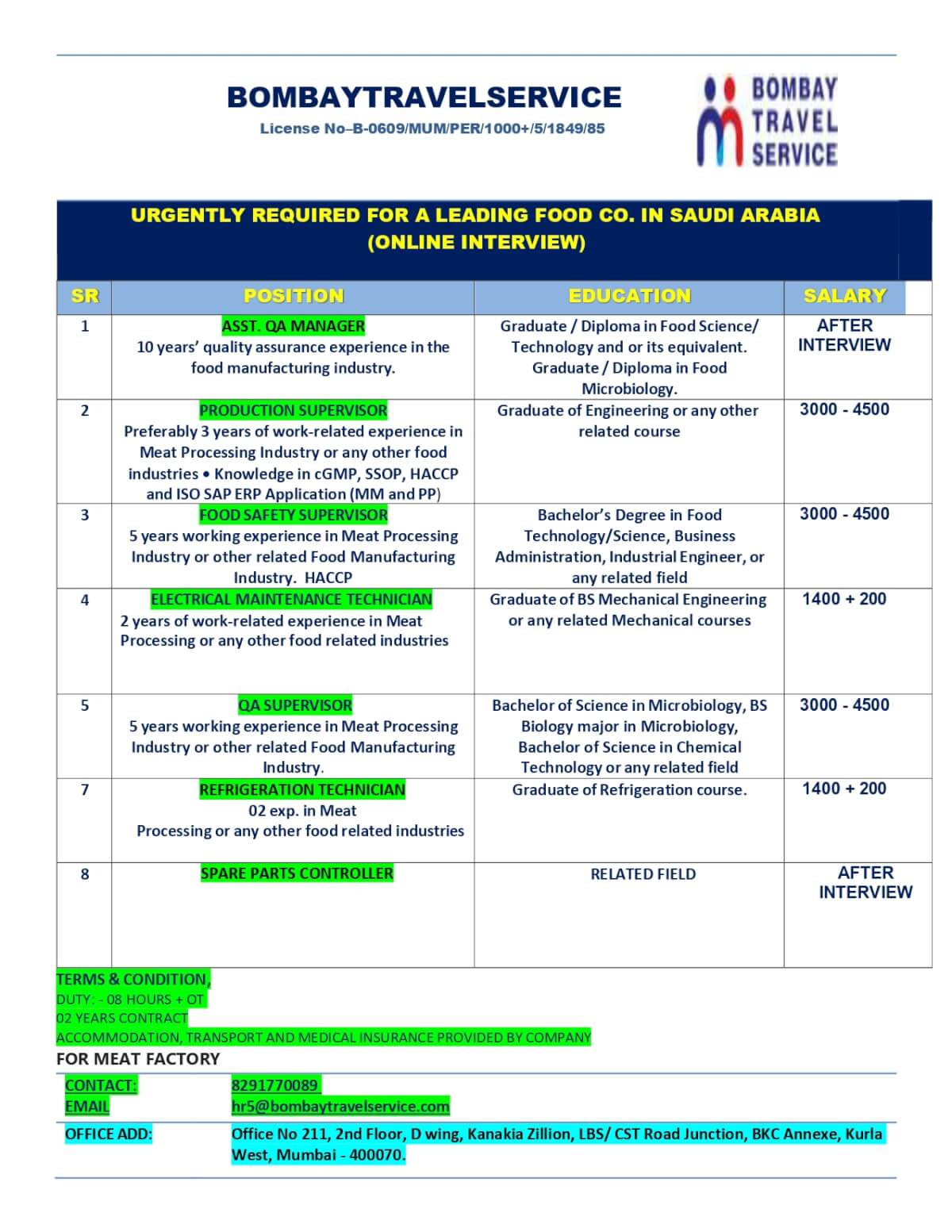 URGENTLY HIRING FOOD CO. FOR SAUDI ARABIA URGENTLY HIRING FOOD CO. FOR SAUDI ARABIA