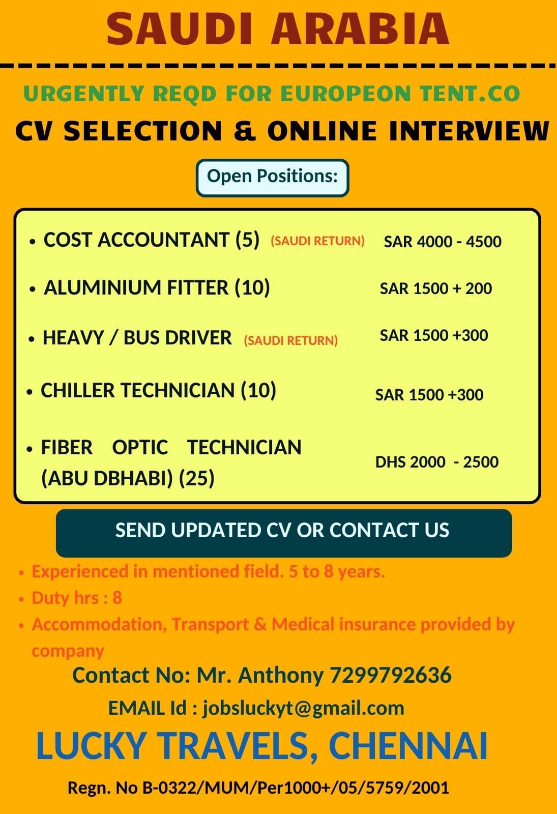 Urgently Hiring for Saudi European Tent Company / CV Selection & ONline Interview/ Contact on 7299792636 Urgently Hiring for Saudi European Tent Company / CV Selection & ONline Interview/ Contact on 7299792636