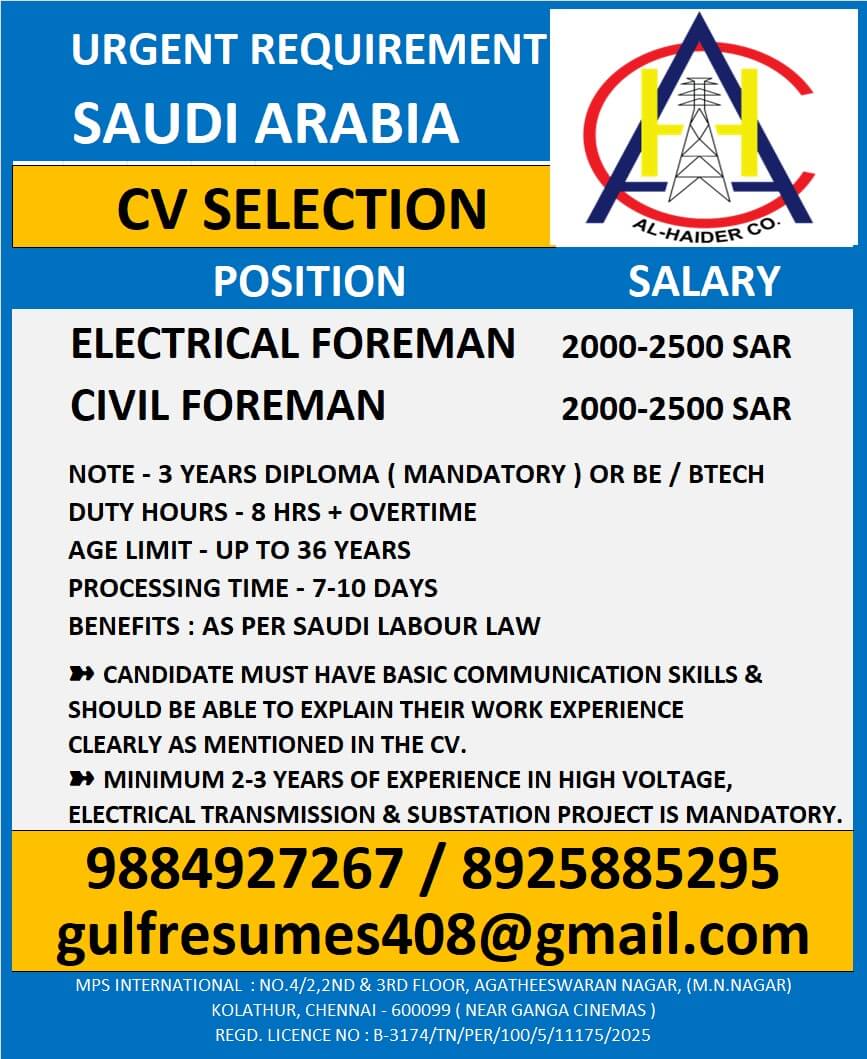 URGENT REQUIREMENT – SAUDI ARABIA CV SELECTION URGENT REQUIREMENT – SAUDI ARABIA CV SELECTION