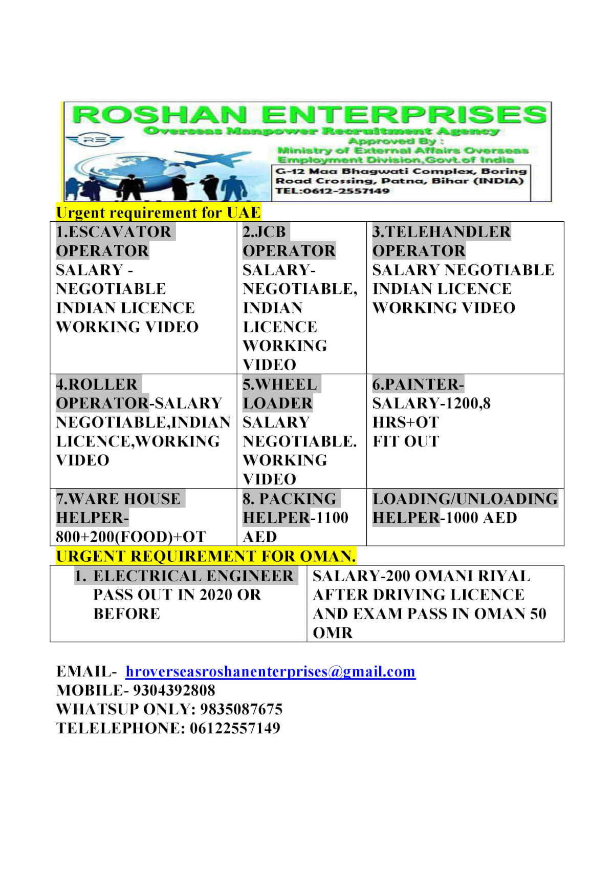 URGENT REQUIREMENT FOR UAE AND OMAN URGENT REQUIREMENT FOR UAE AND OMAN