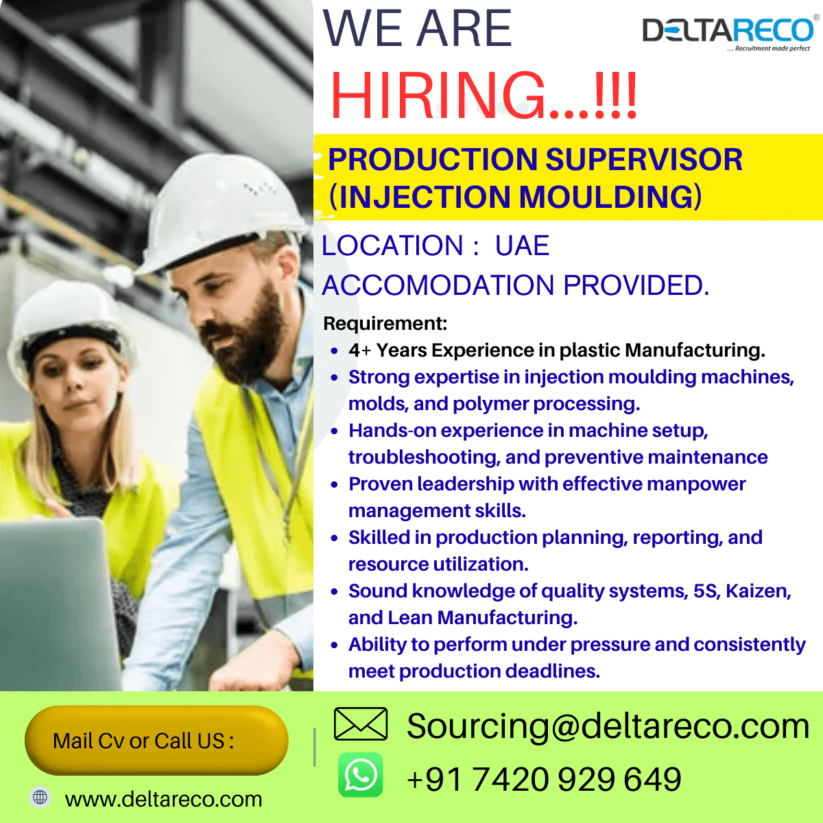 Hiring Production Supervisor for a Plastic manufacturing Hiring Production Supervisor for a Plastic manufacturing
