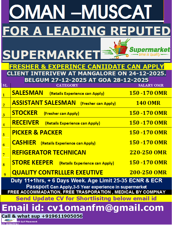 OMAN –MUSCAT  -- FOR A LEADING REPUTED SUPERMARKET CLIENT INTERIVEW AT MANGALORE ON 24-12-2025. BELGUM 27-12-2025 AT GOA