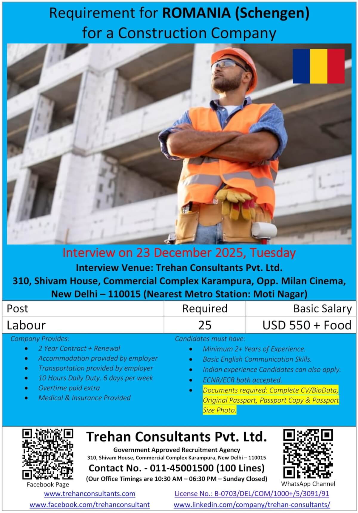 Labours required for ROMANIA (Schengen) for a Construction Company - Interview Date 23 December 2025