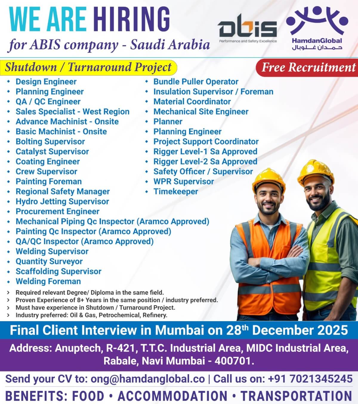 We are hiring for ABIS - Saudi Arabia