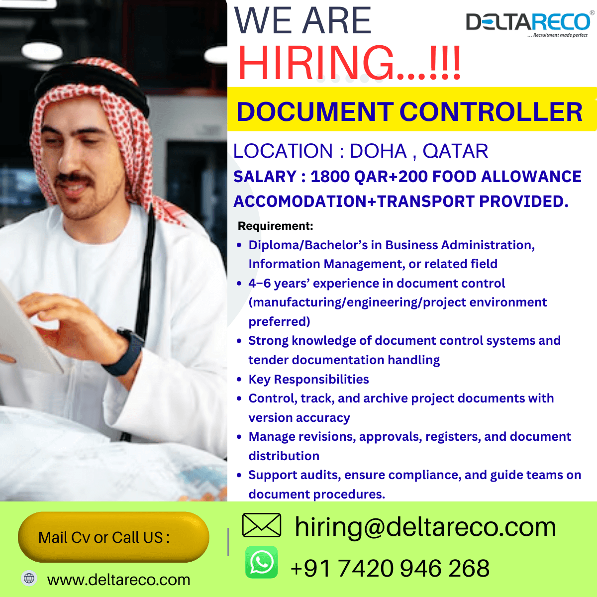 Hiring  Document Controller Muslim Canditate for  QATAR
