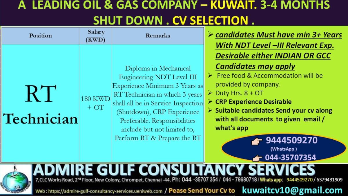 A  LEADING OIL & GAS COMPANY -KUWAIT. 3-4 MONTHS SHUT DOWN . DIRECT CLIENT CV SELECTION