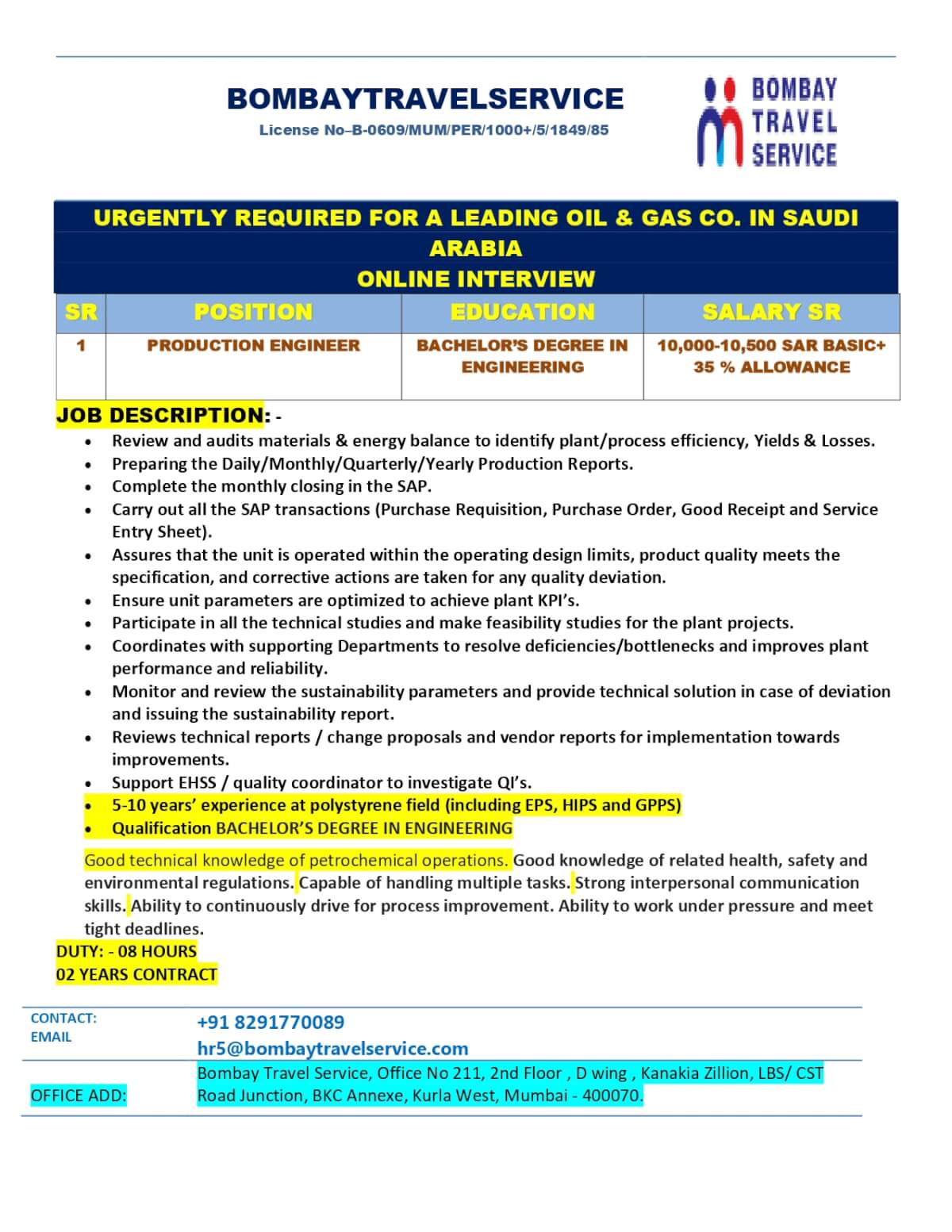 URGENTLY HIRING FOR LEADING OIL & GAS CO. SAUDI ARABIA