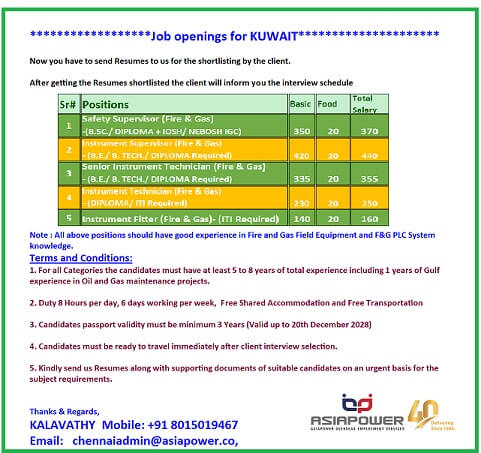 JOB OPENING FOR KUWAIT - (FACE TO FACE INTERVIEW @ CHENNAI)