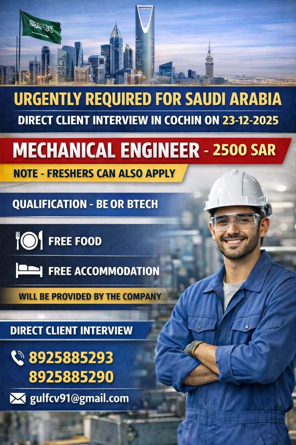 URGENTLY REQUIRED FOR SAUDI ARABIA DIRECT CLIENT INTERVIEW IN COCHIN ON 23-12-2025