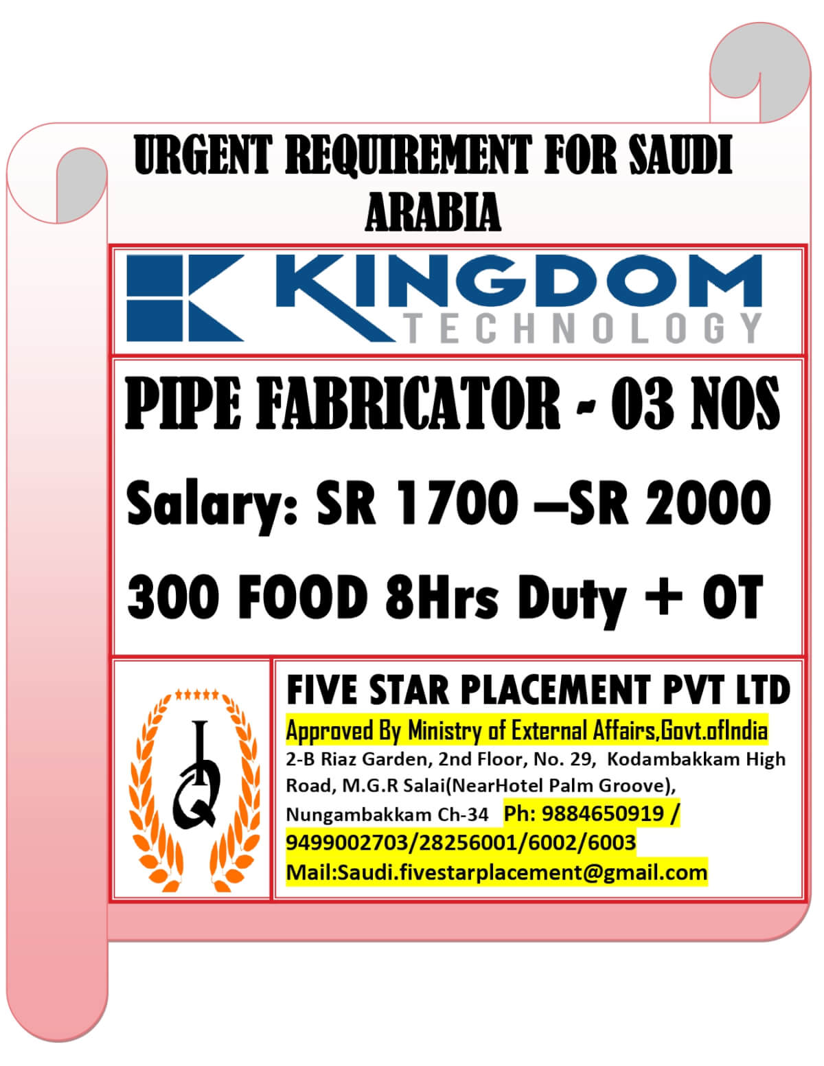 URGENT REQUIREMENT FOR SAUDI ARABIA