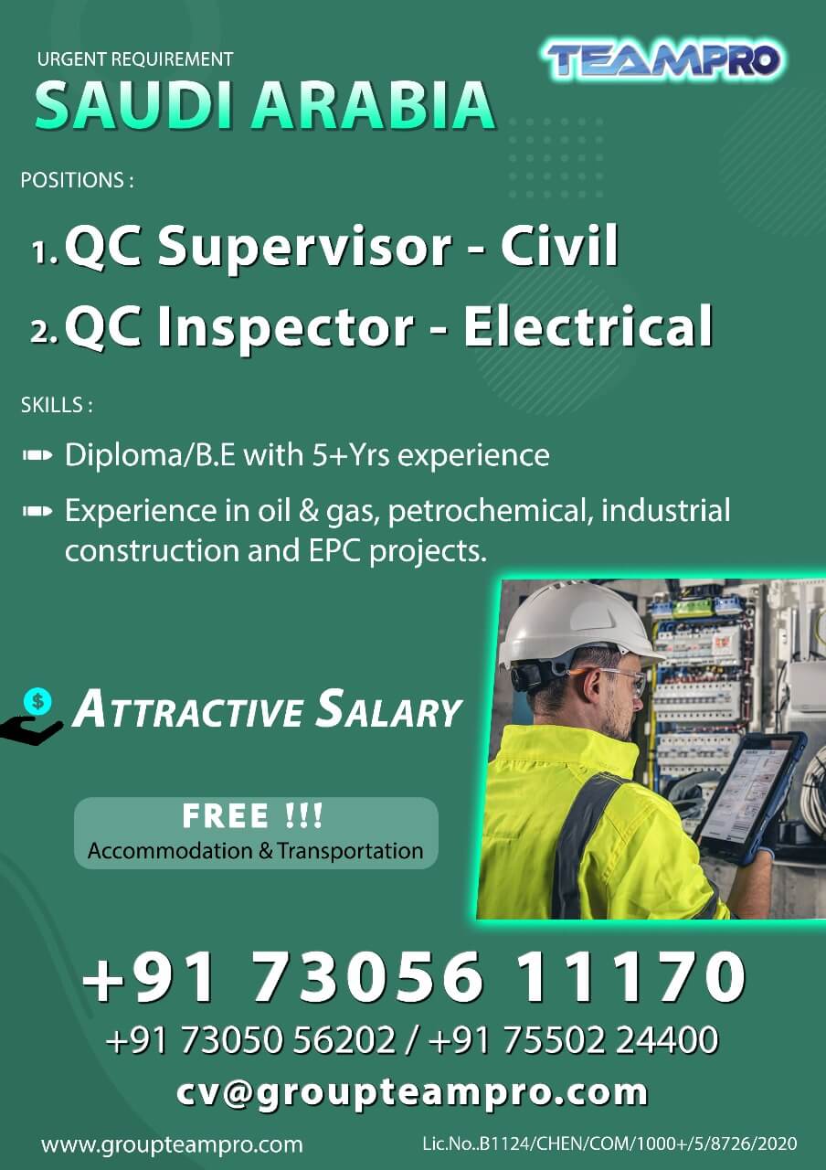 QC Supervisor – Civil , QC Inspector – Electrical QC Supervisor – Civil , QC Inspector – Electrical