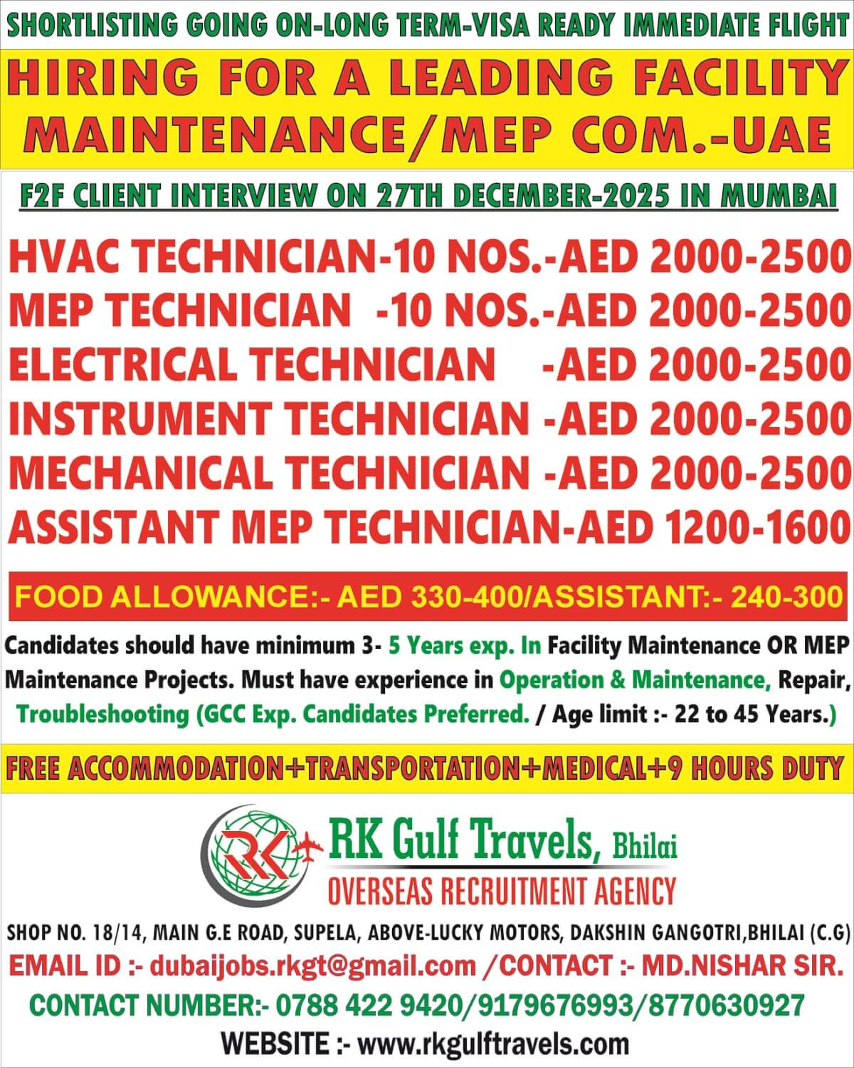 HIRING FOR A LEADING FACILITY MAINTENANCE/MEP CO. - UAE HIRING FOR A LEADING FACILITY MAINTENANCE/MEP CO. - UAE