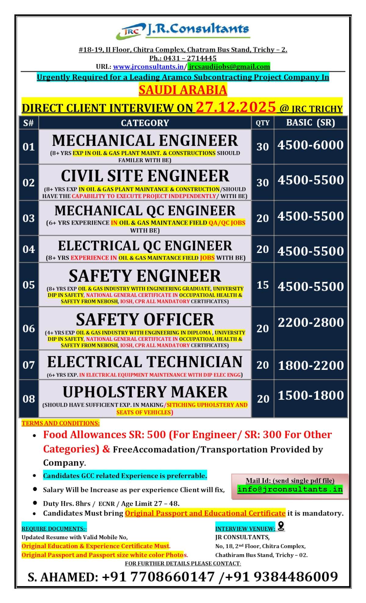 URGENTLY REQUIRED FOR A LEADING ARAMCO SUBCONTRACTING PROJECT COMPANY IN SAUDI ARABIA DIRECT CLIENT INTERVIEW ON 27.12.2025 @ JRC TRICHY URGENTLY REQUIRED FOR A LEADING ARAMCO SUBCONTRACTING PROJECT COMPANY IN SAUDI ARABIA DIRECT CLIENT INTERVIEW ON 27.12.2025 @ JRC TRICHY