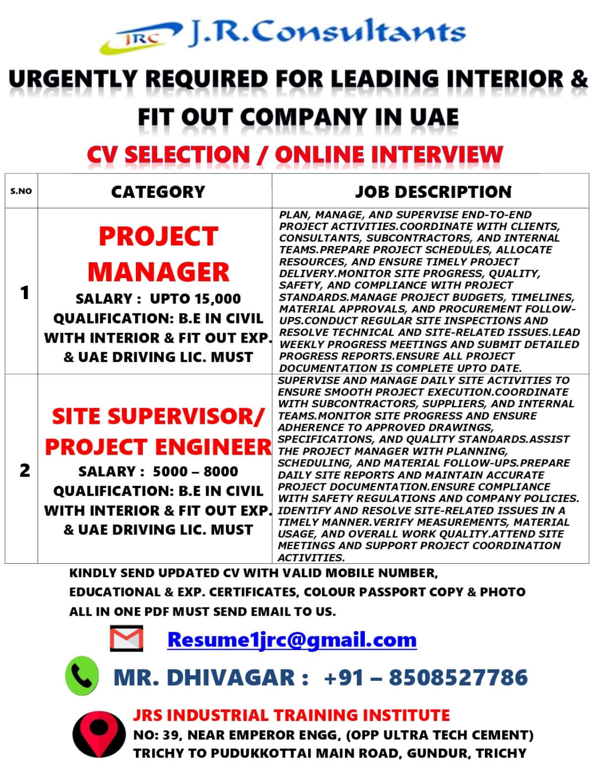 URGENTLY REQUIRED FOR LEADING INTERIOR & FIT OUT COMPANY IN UAE URGENTLY REQUIRED FOR LEADING INTERIOR & FIT OUT COMPANY IN UAE