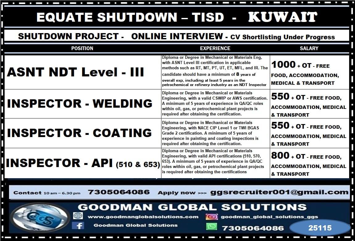 EQUATE SHUTDOWN – TISD  -   KUWAIT  SHUTDOWN PROJECT -   ONLINE INTERVIEW - CV Shortlisting Under Progress