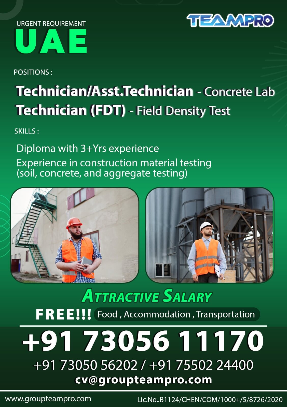 Technician / Asst. Technician – Concrete Lab  ,Technician (FDT) – Field Density Test