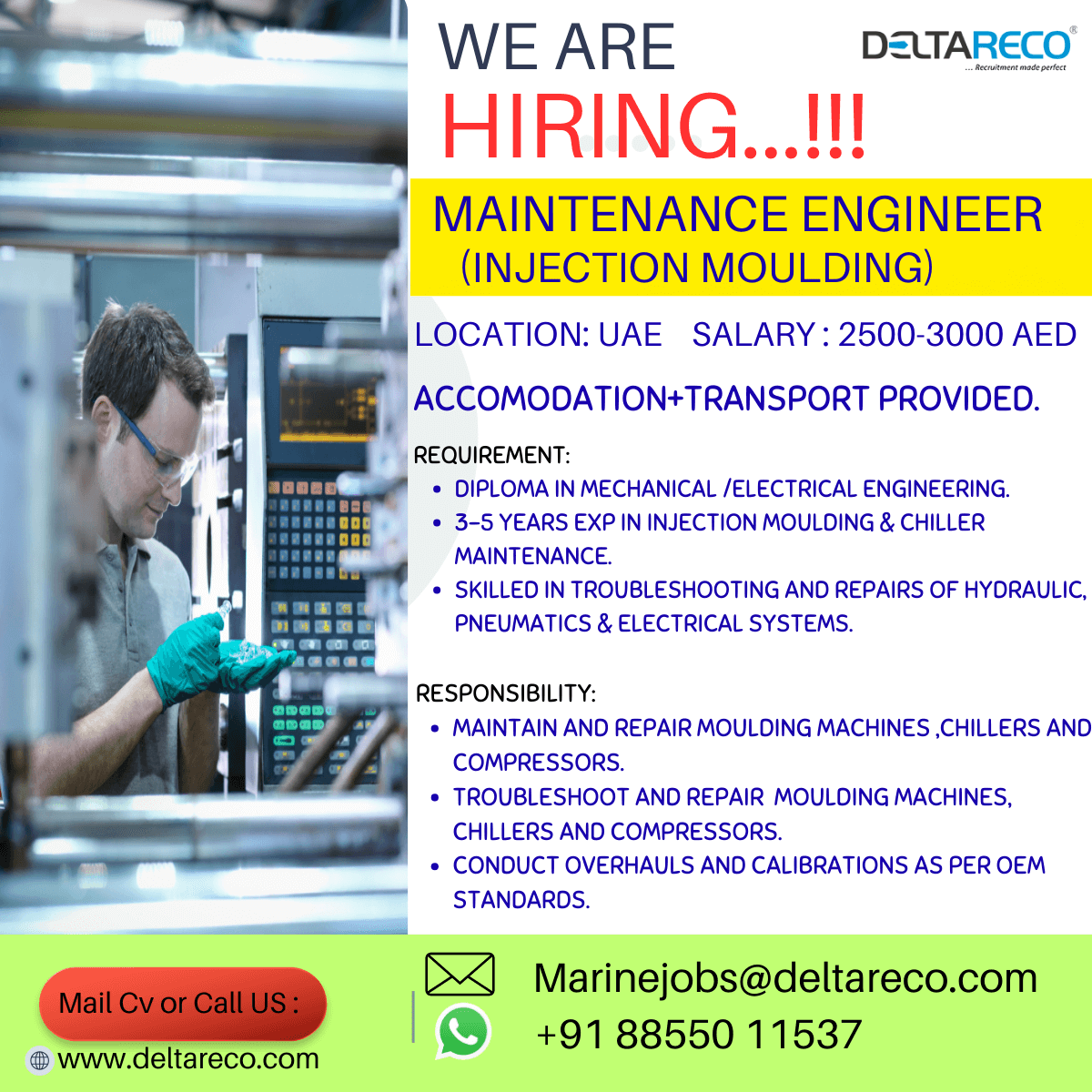 Hiring  Maintenance Engineer for an Injection Moulding in UAE