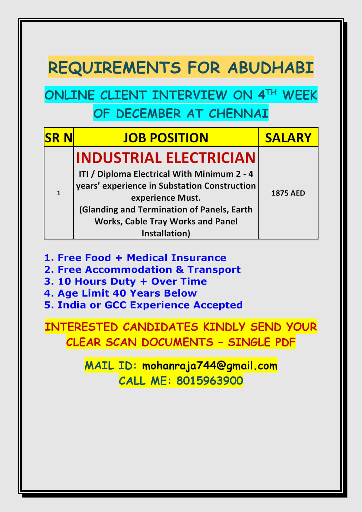 REQUIREMENTS FOR ABUDHABI - ONLINE CLIENT INTERVIEW ON 4TH WEEK OF DECEMBER AT CHENNAI