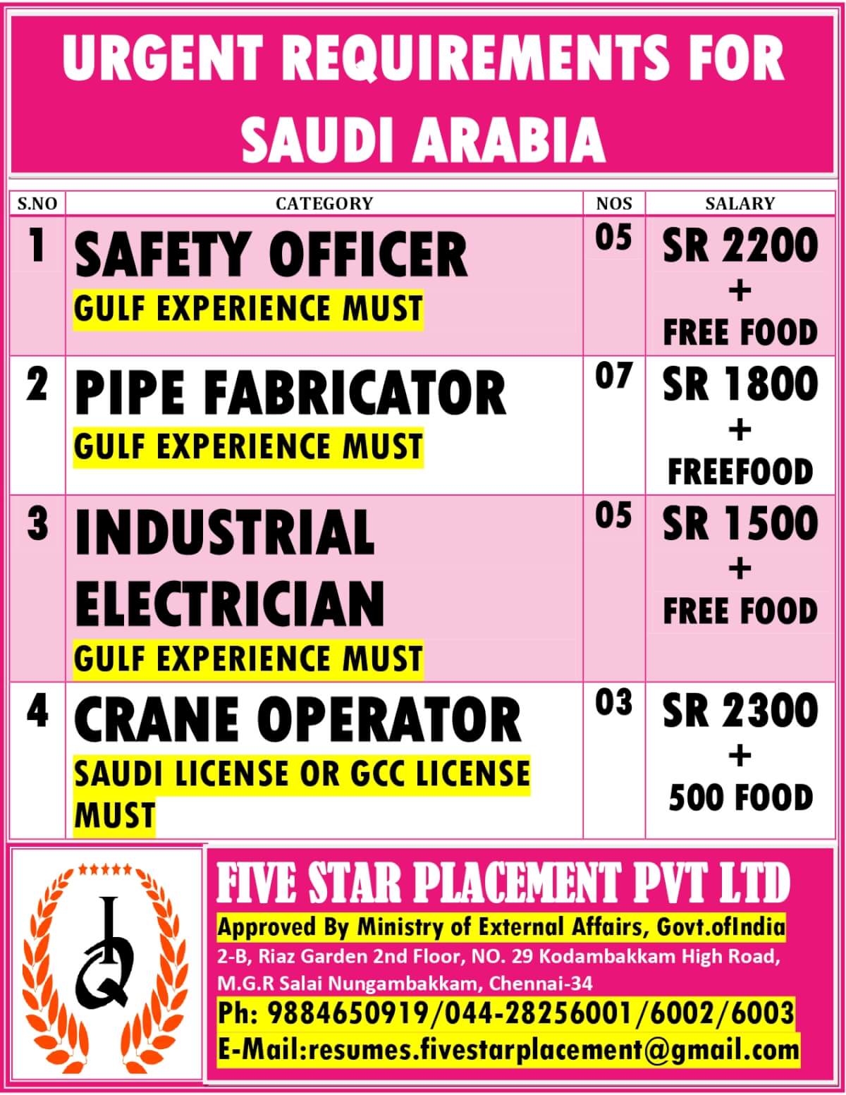 URGENT REQUIREMENT FOR SAUDI ARABIA