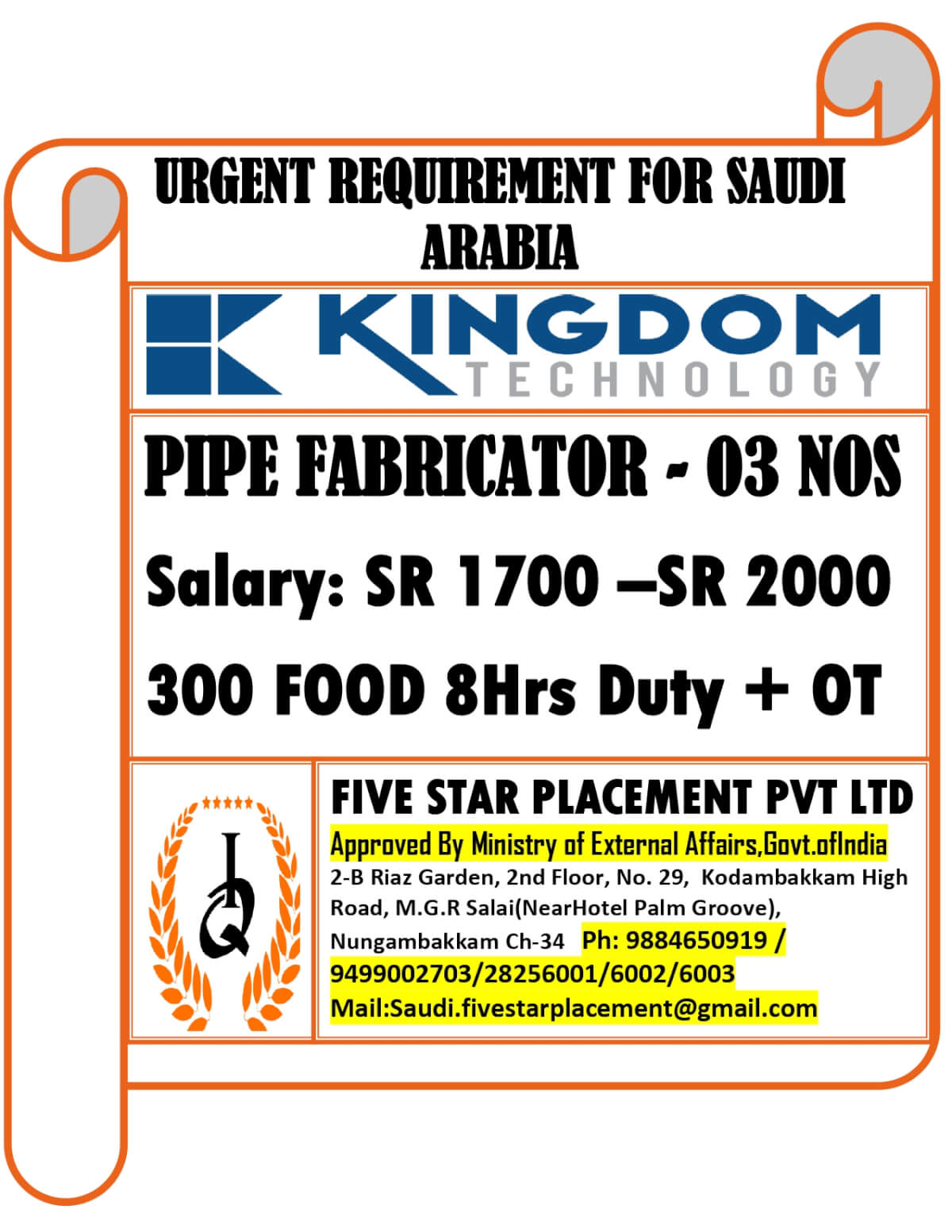 URGENT REQUIREMENT FOR SAUDI ARABIA