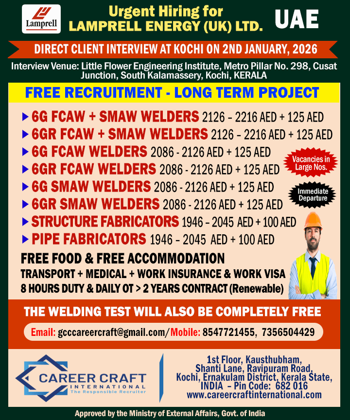 Client Interview at Kochi on 2nd January, 2025 for Lamprell, UAE -