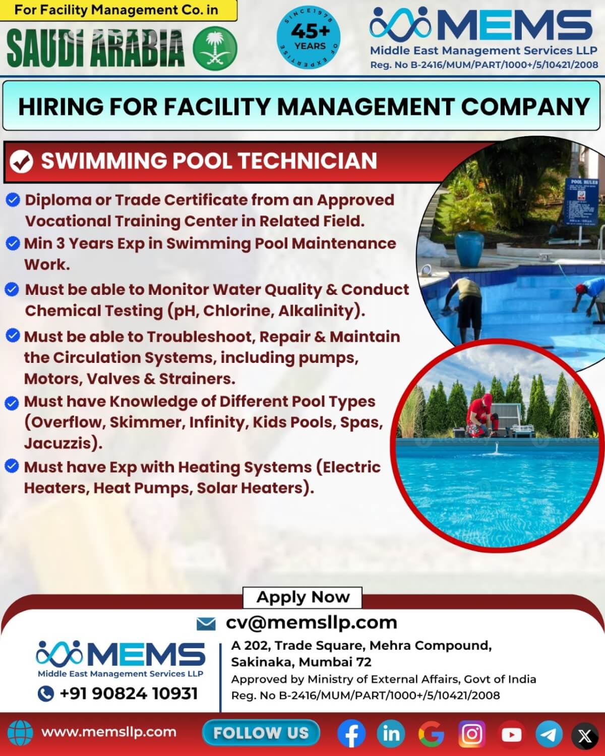 We are hiring for a Facility Management Company in Saudi Arabia