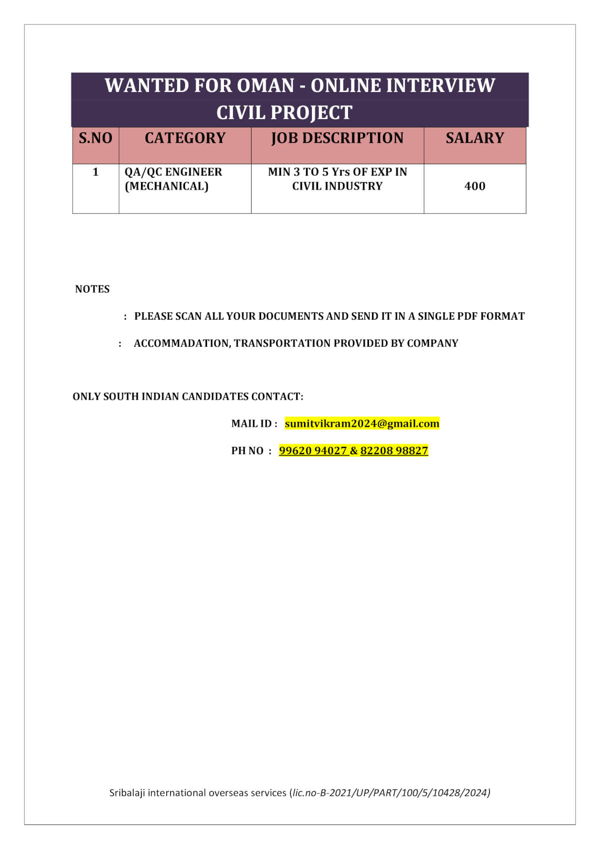 WANTED FOR OMAN- ONLINE INTERVIEW