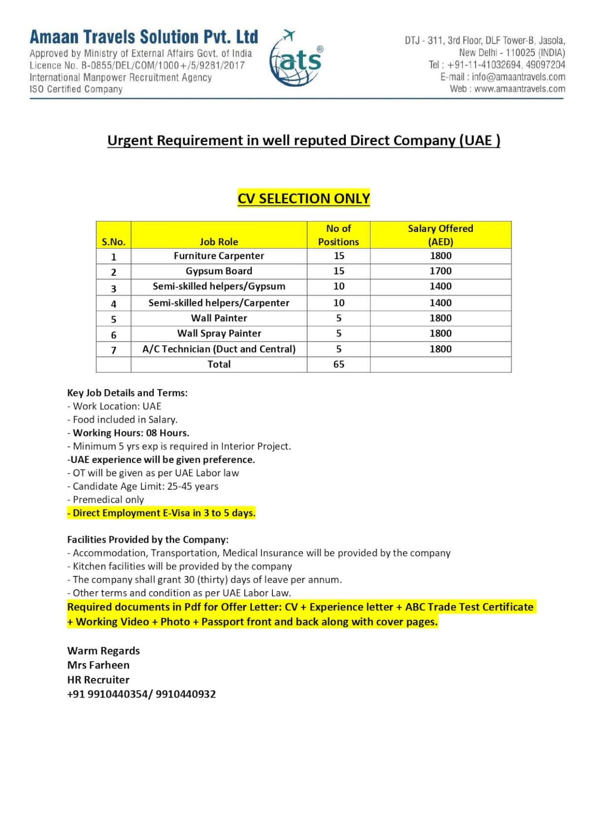 Hiring for a well reputed direct company in UAE