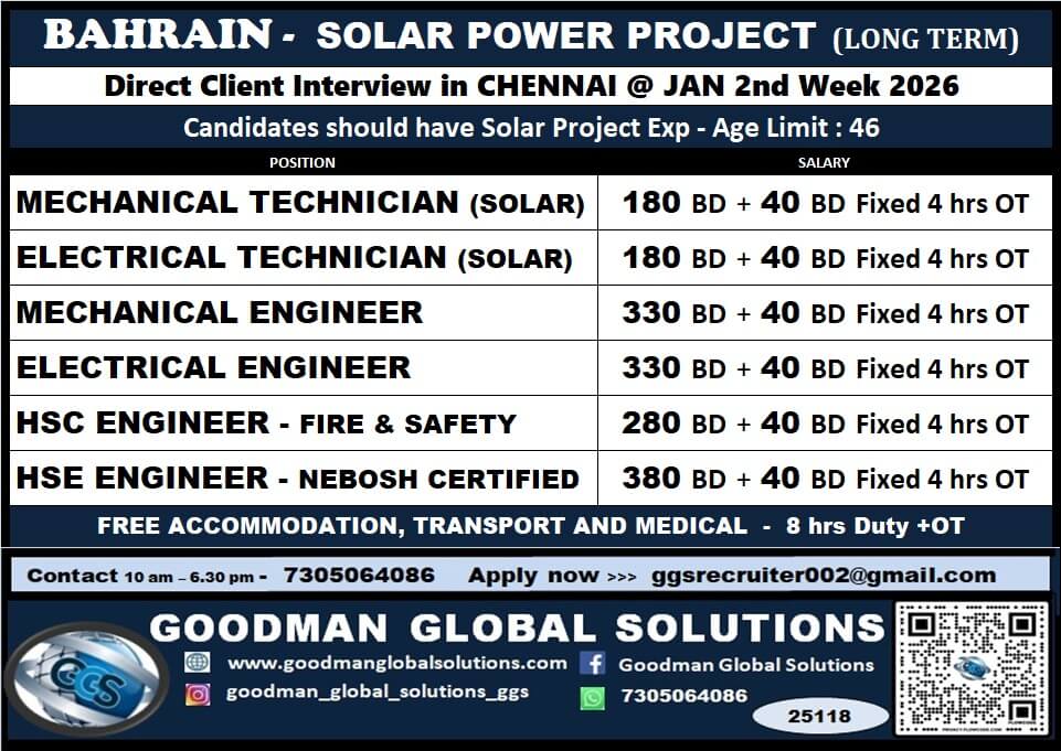 BAHRAIN - SOLAR POWER PROJECT ( LONG TERM )  DIRECT CLIENT INTERVIEW IN CHENNAI - 2nd Week JANUARY 2026