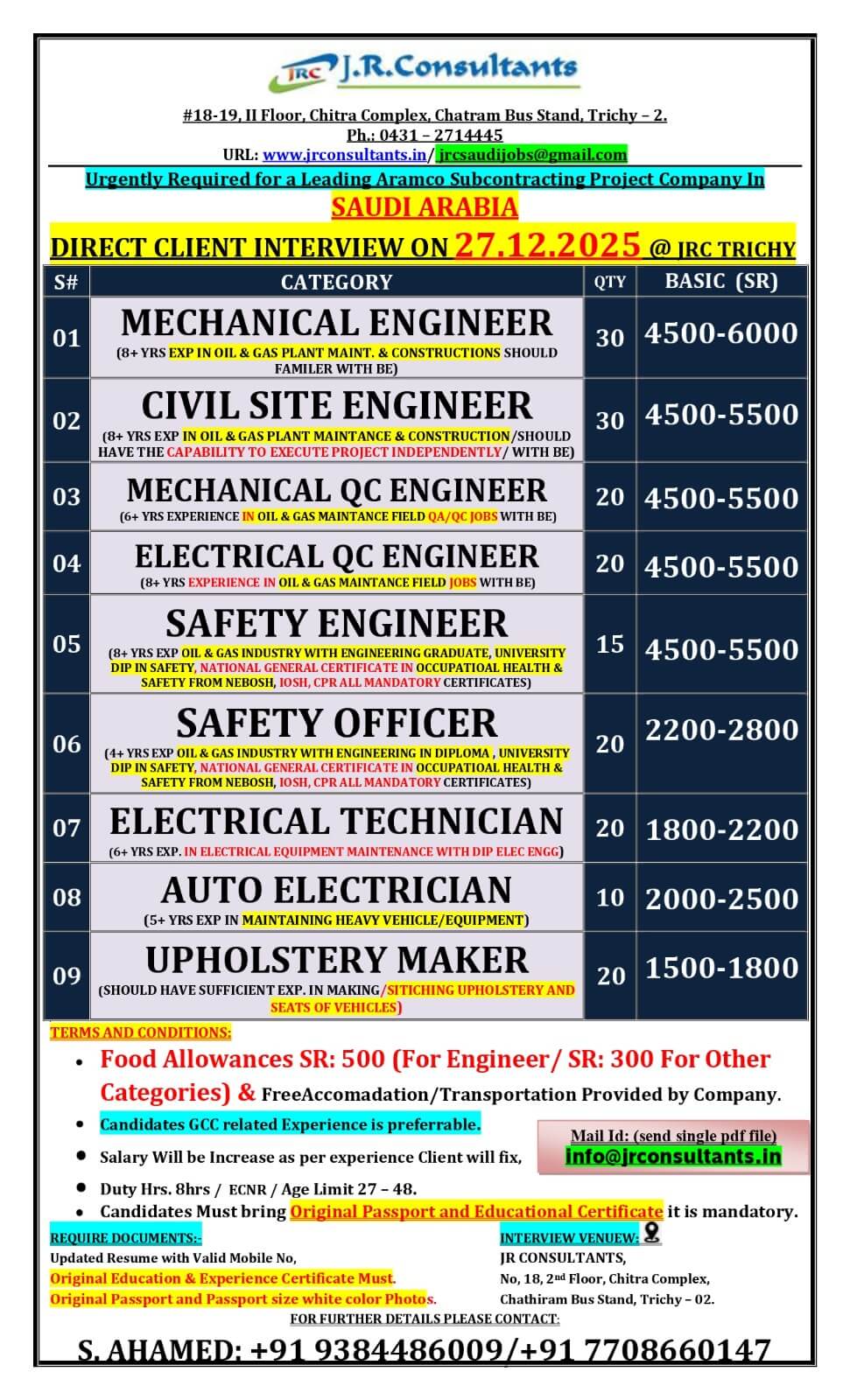 URGENTLY REQUIRED FOR A LEADING ARAMCO SUBCONTRACTING PROJECT COMPANY IN SAUDI ARABIA DIRECT CLIENT INTERVIEW ON 27.12.2025 @ JRC TRICHY