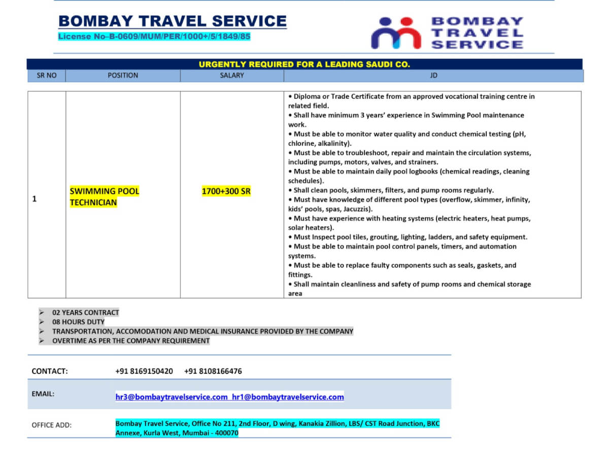 URGENTLY HIING SWMING POOL TECHNICIAN