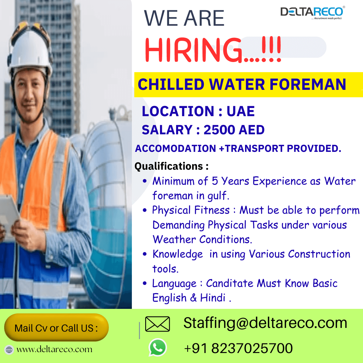 Hiring Water foreman Chilled Water Foreman and Foremans for UAE